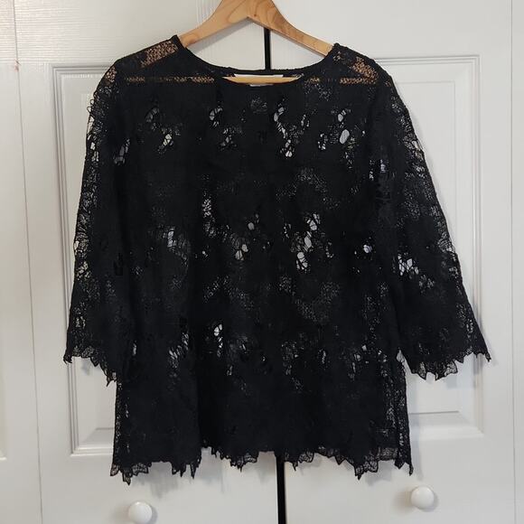 Draper's & Damon's Women's Black Floral Lace 3/4 Sleeve Top Size LG Whimsigoth - Picture 1 of 10